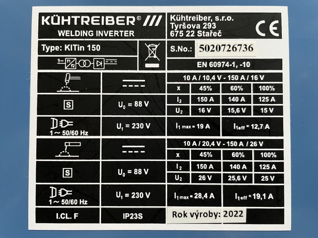 Elektrotechnické údaje (štítek) svářečky KITin 150